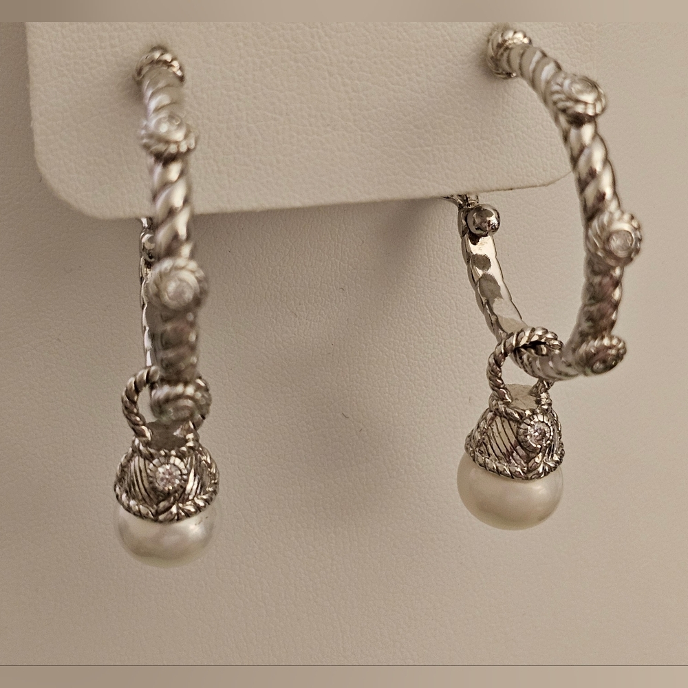 Judith Ripka Sterling Pearl Charm Hoop Earrings 1-3/4”L Pierced